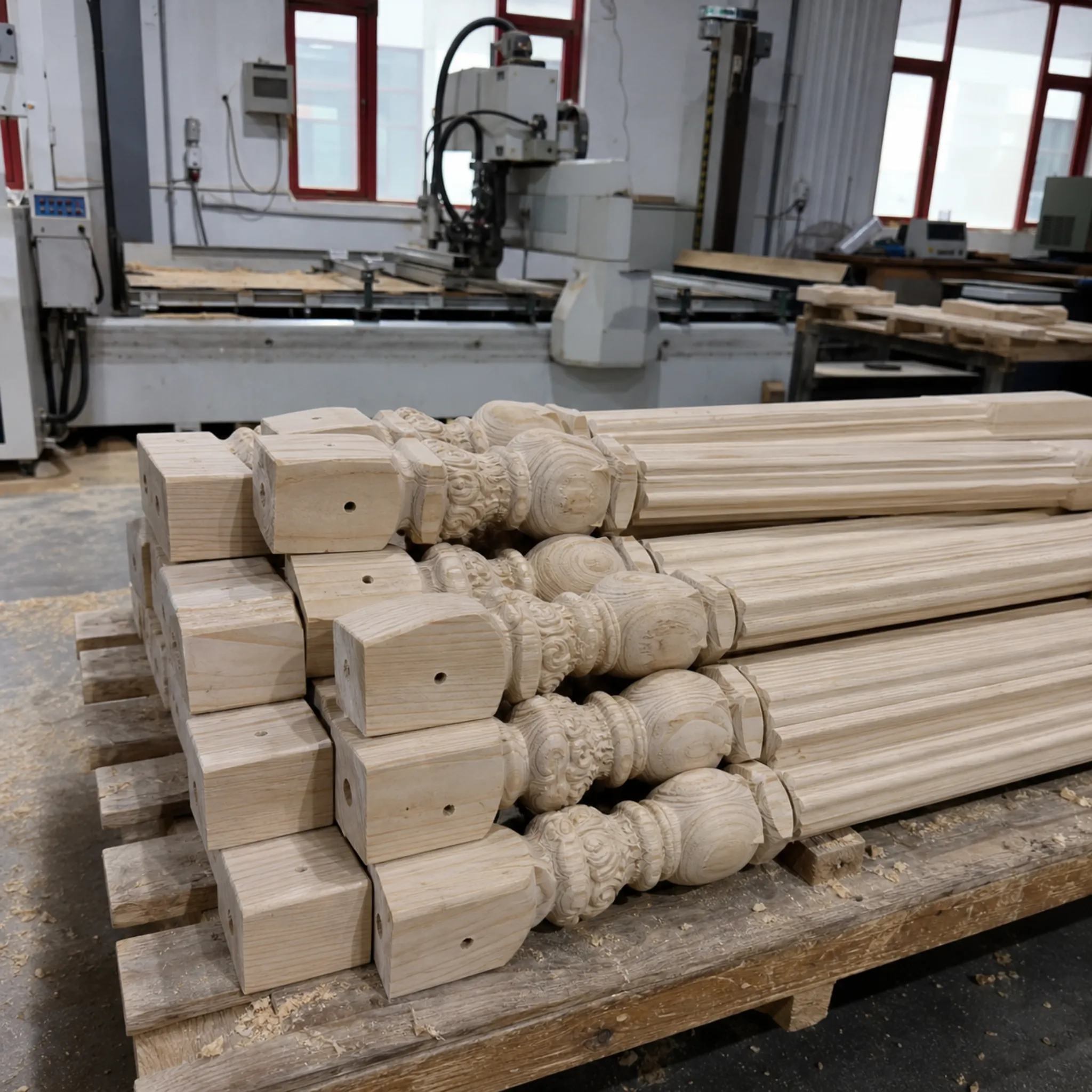 CNC Wood Carving Machine Samples with Decorative Carved Wooden Columns