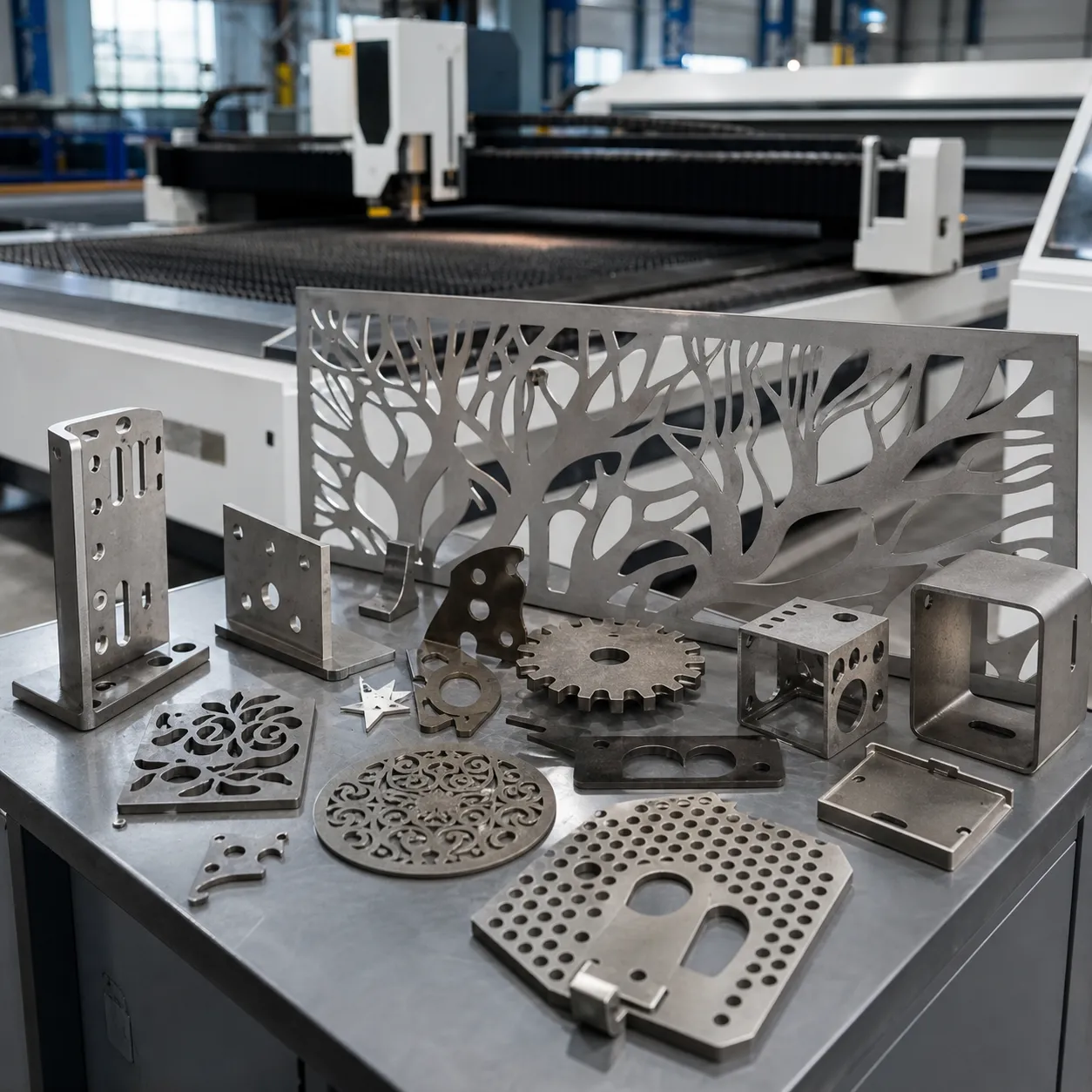 Laser Cut Metal Parts Displayed with Fiber Laser Cutting Machine