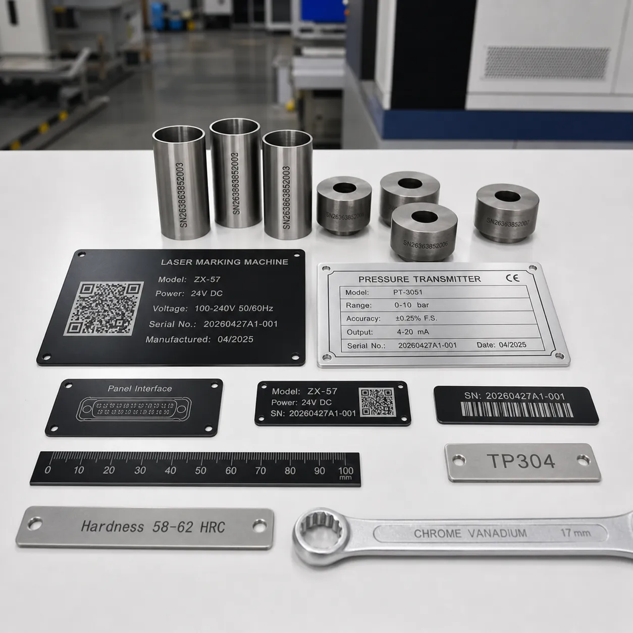 Laser Marking Samples on Metal Plates and Industrial Parts